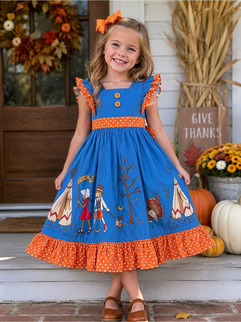 Eleanor Rose Girls Thanksgiving Turkey Pilgrim Boutique Dress Blue Orange
